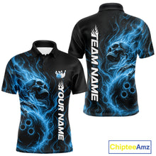 Load image into Gallery viewer, Front and back view of a black mens bowling polo shirt featuring a skull clutching a bowling ball surrounded by swirling blue energy flames