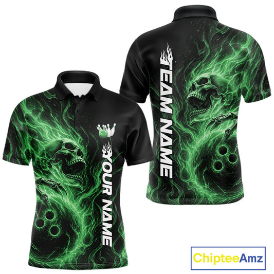 Front and back view of a black men's bowling polo shirt featuring a skull clutching a bowling ball surrounded by swirling green energy flames