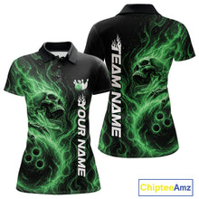 Load image into Gallery viewer, Front and back view of a black womens bowling polo shirt featuring a skull clutching a bowling ball with swirling green energy flames