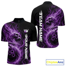Load image into Gallery viewer, Front and back view of a black mens bowling quarter-zip shirt featuring a skull clutching a bowling ball surrounded by swirling purple energy flames