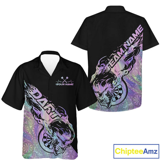 Custom Hologram Flame Skull Dartboard Dart Men And Women Hawaiian Shirt, Halloween Dart Team Outfit IPHW9946