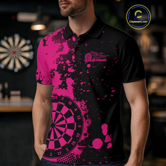 Custom Black And Pink Splatter Dartboard Dart Polo Shirt For Men, Grunge Dart Team Jerseys IPHW9957