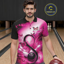 Load image into Gallery viewer, Male model at a bowling alley wearing a bowling polo decorated with awareness-themed bowling graphics and butterflies.