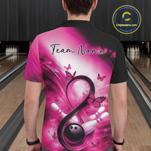 Load image into Gallery viewer, Back view of a bowling polo displaying a pink ribbon wrapped around a bowling ball alongside bowling pins.