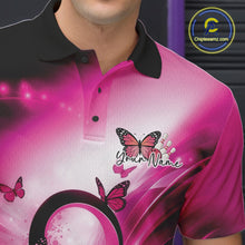 Load image into Gallery viewer, Close-up left chest graphic featuring a pink awareness ribbon, bowling ball, and butterfly motif on a bowling polo.