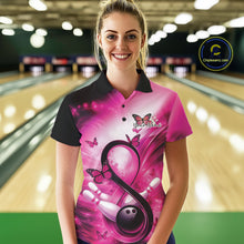 Load image into Gallery viewer, Female model wearing a bowling polo at a bowling center featuring awareness-themed bowling artwork and butterflies.