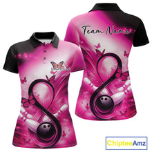 Load image into Gallery viewer, Front and back views of a womens bowling polo showcasing a pink awareness ribbon around a bowling ball with butterfly accents.