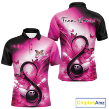 Load image into Gallery viewer, Front and back views of a mens bowling polo with a pink awareness ribbon, bowling pins, butterflies, and bowling ball artwork.