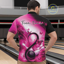 Load image into Gallery viewer, Male model wearing a bowling quarter-zip shirt in a bowling lane featuring a pink awareness ribbon around a bowling ball with pins and butterflies.