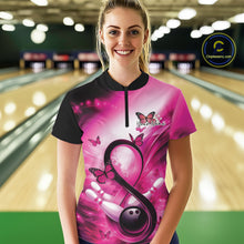 Load image into Gallery viewer, Female model at a bowling alley wearing a quarter-zip shirt featuring pink awareness and bowling-inspired artwork.