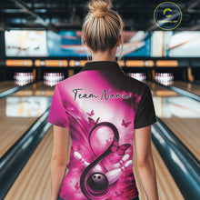Load image into Gallery viewer, Back view of a bowling quarter-zip displaying butterfly details, bowling pins, and a pink ribbon graphic.