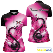 Load image into Gallery viewer, Front and back views of a womens bowling quarter-zip showcasing a pink awareness ribbon around a bowling ball with butterfly accents.
