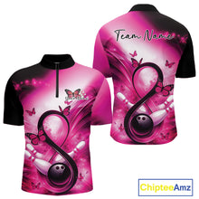 Load image into Gallery viewer, Front and back views of a mens bowling quarter-zip featuring awareness-themed bowling artwork with butterflies and pins.