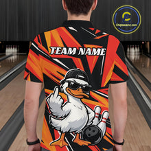 Load image into Gallery viewer, Back view of a black and orange mens bowling polo displaying a duck in sunglasses and cap alongside bowling-inspired graphics.