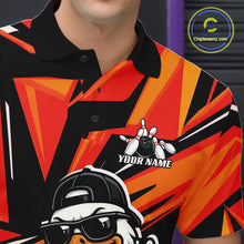 Load image into Gallery viewer, Close-up of the left chest on a black and orange bowling polo featuring a duck in sunglasses and cap beside bowling pins and a bowling ball.