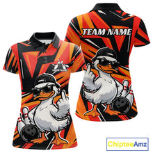Load image into Gallery viewer, Womens bowling polo mockup shown from front and back with a duck beside a bowling ball and pins on a black and orange color scheme.