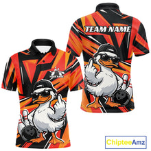 Load image into Gallery viewer, Front and back mens bowling polo mockup featuring a duck beside a bowling ball and pins with geometric accents in black and orange.