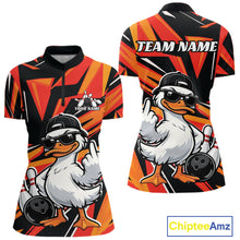 Load image into Gallery viewer, Front and back views of a womens bowling quarter-zip mockup featuring a duck beside bowling pins and a bowling ball on a black and orange design.