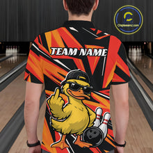 Load image into Gallery viewer, Back view of a mens bowling polo showcasing duck artwork, bowling pins, and a bold geometric background.