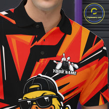Load image into Gallery viewer, Left chest detail of a black and orange bowling polo highlighting a duck-themed bowling graphic.