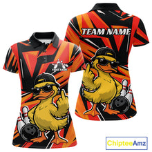 Load image into Gallery viewer, Front and back views of a womens bowling polo featuring a duck in sunglasses and cap with bowling-inspired graphics on a black and orange design.