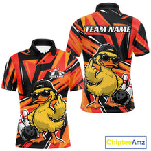Load image into Gallery viewer, Front and back views of a mens bowling polo with duck-themed graphics beside bowling pins and a bowling ball on a black and orange design.