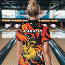 Load image into Gallery viewer, Back view of a womens bowling quarter-zip with bold duck-themed bowling graphics and geometric background details.