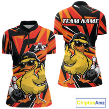 Load image into Gallery viewer, Womens black and orange quarter-zip bowling shirt shown from front and back with a duck, bowling ball, pins, and geometric artwork.