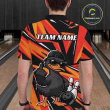 Load image into Gallery viewer, Back view of a mens black and orange bowling polo displaying a duck illustration with bowling pins and geometric accents.