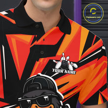 Load image into Gallery viewer, Close-up of the left chest on a black and orange bowling polo featuring duck, bowling ball, and pin artwork.