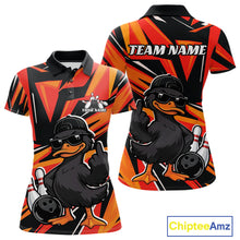 Load image into Gallery viewer, Front and back womens black and orange bowling polo mockup featuring a duck in sunglasses and cap beside a bowling ball and pins.