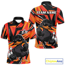 Load image into Gallery viewer, Front and back mens black and orange bowling polo featuring a duck in sunglasses and cap beside bowling pins and a bowling ball.