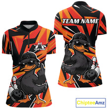 Load image into Gallery viewer, Front and back womens bowling quarter-zip mockup in black and orange featuring a duck in sunglasses and cap beside bowling pins and a bowling ball.