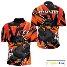 Load image into Gallery viewer, Front and back mens black and orange bowling quarter-zip featuring a duck in sunglasses and cap beside bowling pins and a bowling ball.