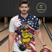 Load image into Gallery viewer, Male model in a bowling alley wearing a bowling polo with patriotic duck artwork and bowling-themed accents.