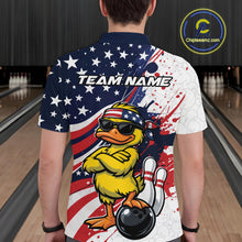 Load image into Gallery viewer, Back view of a bowling polo displaying a patriotic duck in sunglasses next to a bowling ball illustration.