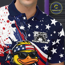 Load image into Gallery viewer, Left chest close-up of a bowling polo featuring a patriotic duck and bowling ball motif.