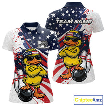 Load image into Gallery viewer, Front and back womens bowling polo mockup showcasing a patriotic duck wearing sunglasses beside a bowling ball graphic.