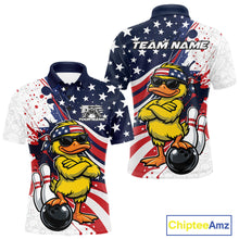 Load image into Gallery viewer, Front and back mens bowling polo mockup featuring a patriotic duck wearing sunglasses beside a bowling ball graphic.