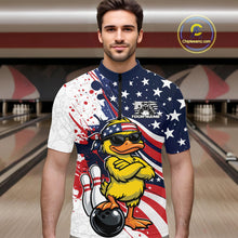 Load image into Gallery viewer, Female model in bowling lane wearing polo shirt with pink bowling ball striking pins butterfly diamond artwork
