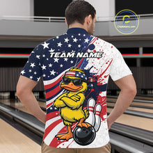 Load image into Gallery viewer, Back view female model in bowling lane wearing polo shirt with pink bowling ball striking pins sparkling butterfly design