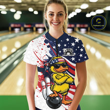 Load image into Gallery viewer, Female model in bowling lane wearing quarter-zip shirt with patriotic duck sunglasses bowling ball graphic
