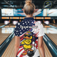 Load image into Gallery viewer, Back view female model in bowling lane wearing quarter-zip shirt featuring patriotic duck sunglasses beside bowling ball design