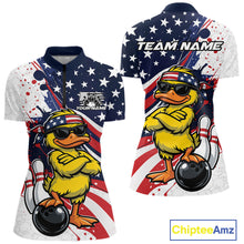 Load image into Gallery viewer, Front and back view women’s quarter-zip bowling shirt mockup featuring patriotic duck in sunglasses beside bowling ball illustration
