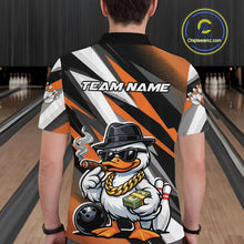 Load image into Gallery viewer, Back view of a black and orange bowling polo shirt with bold duck-themed bowling graphics.
