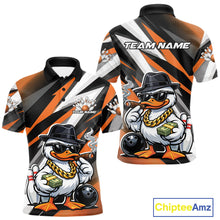 Load image into Gallery viewer, Front and back views of a mens black and orange bowling polo with duck artwork wearing sunglasses and fedora holding cash and a cigar.