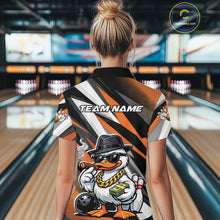 Load image into Gallery viewer, Back view female model in bowling lane wearing quarter-zip shirt with duck sunglasses fedora cash cigar bowling artwork beside pins