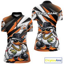 Load image into Gallery viewer, Front and back mockup of womens bowling quarter zip in black and orange showcasing duck wearing sunglasses and fedora holding cash and cigar beside bowling ball and pins with bold sports themed artwork.