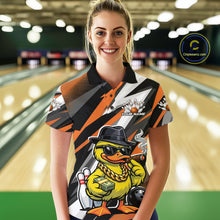 Load image into Gallery viewer, Female model in bowling lane wearing polo shirt with duck sunglasses fedora cash cigar bowling ball pins artwork