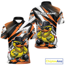 Load image into Gallery viewer, Front and back mens black and orange bowling polo mockup featuring a duck in sunglasses and fedora holding cash and a cigar beside bowling pins.